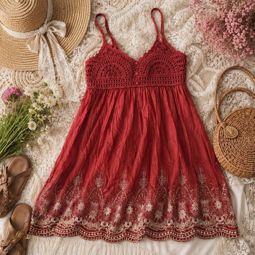 Boho Crochet Babydoll Dress Red Embroidered Sequin Hippie Festival Cotton Sz M